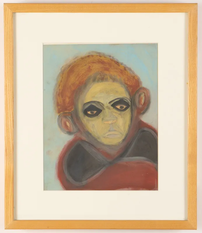 Colour portrait in watercolour in a naive style on a light blue background.