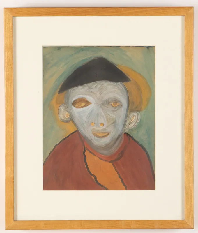 Colour portrait in watercolour in a naive style on a light blue background.