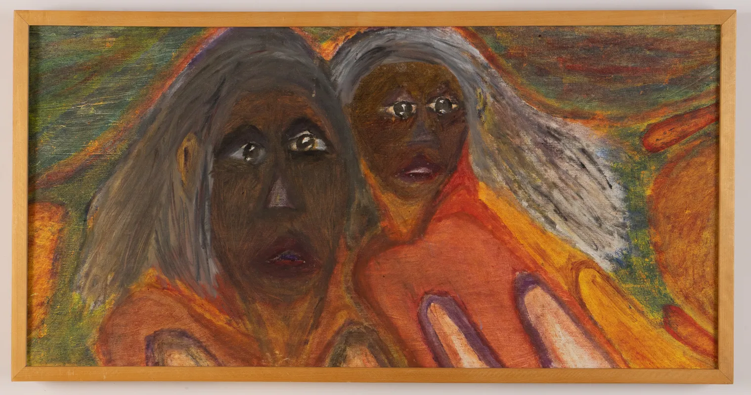 Colour dual portrait in oil in a naive style on a colourful background. 