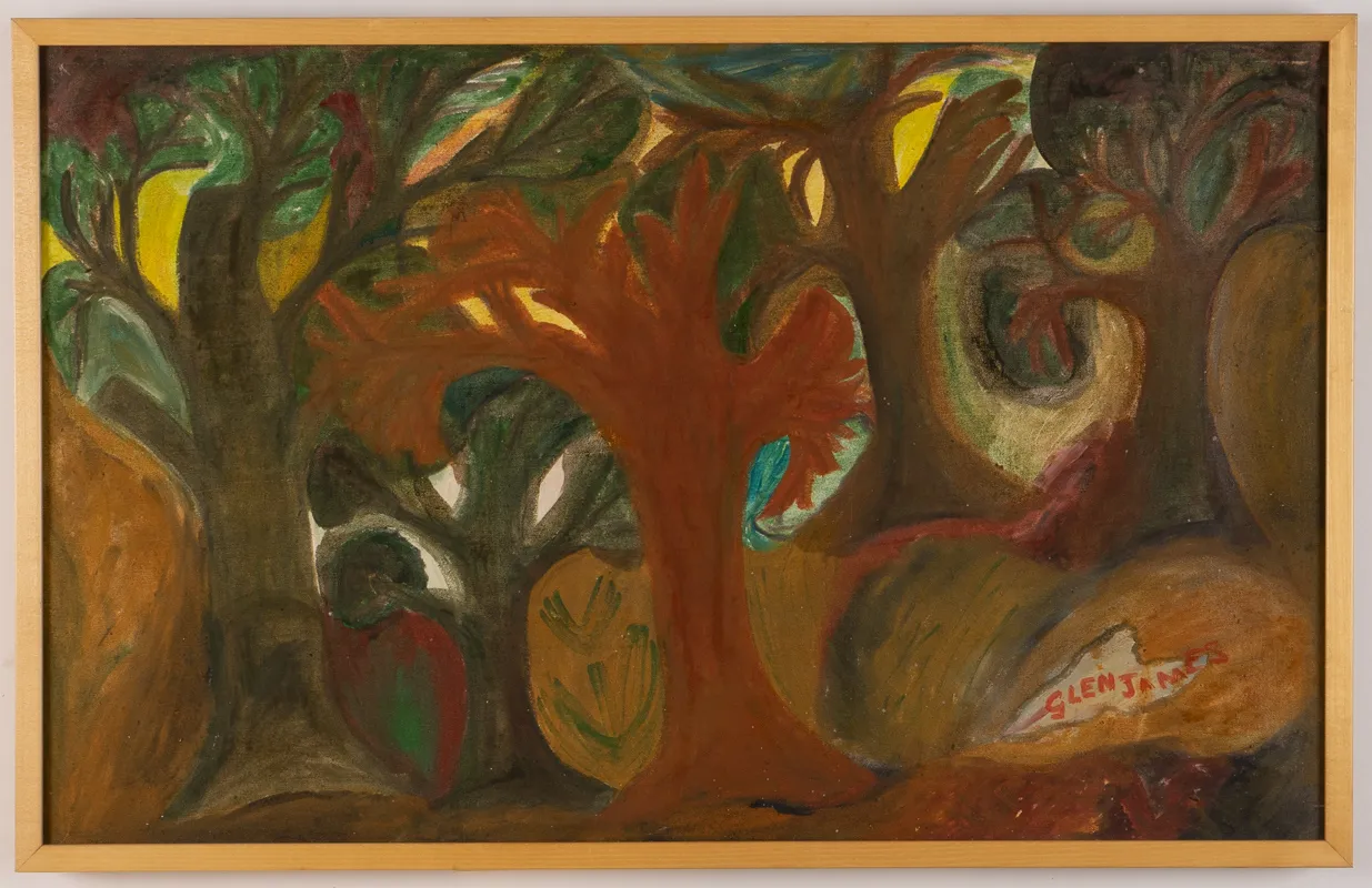 Green and orange forest in oil in a naive style.
