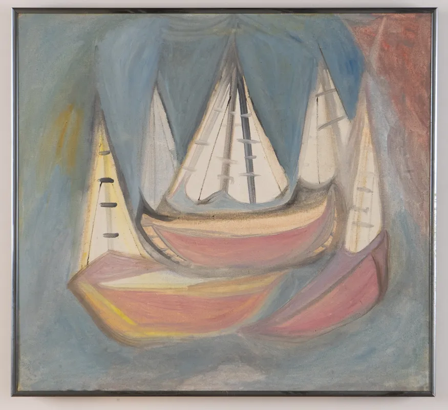 Grouping of red sailboats in oil in a naive style on a blue background. 