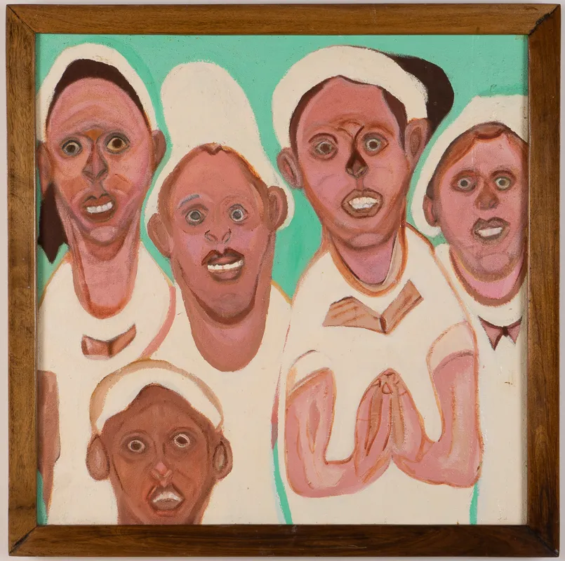 Multiple figures dressed in white, painted in oil and acrylic in a naive style on a turquoise background.