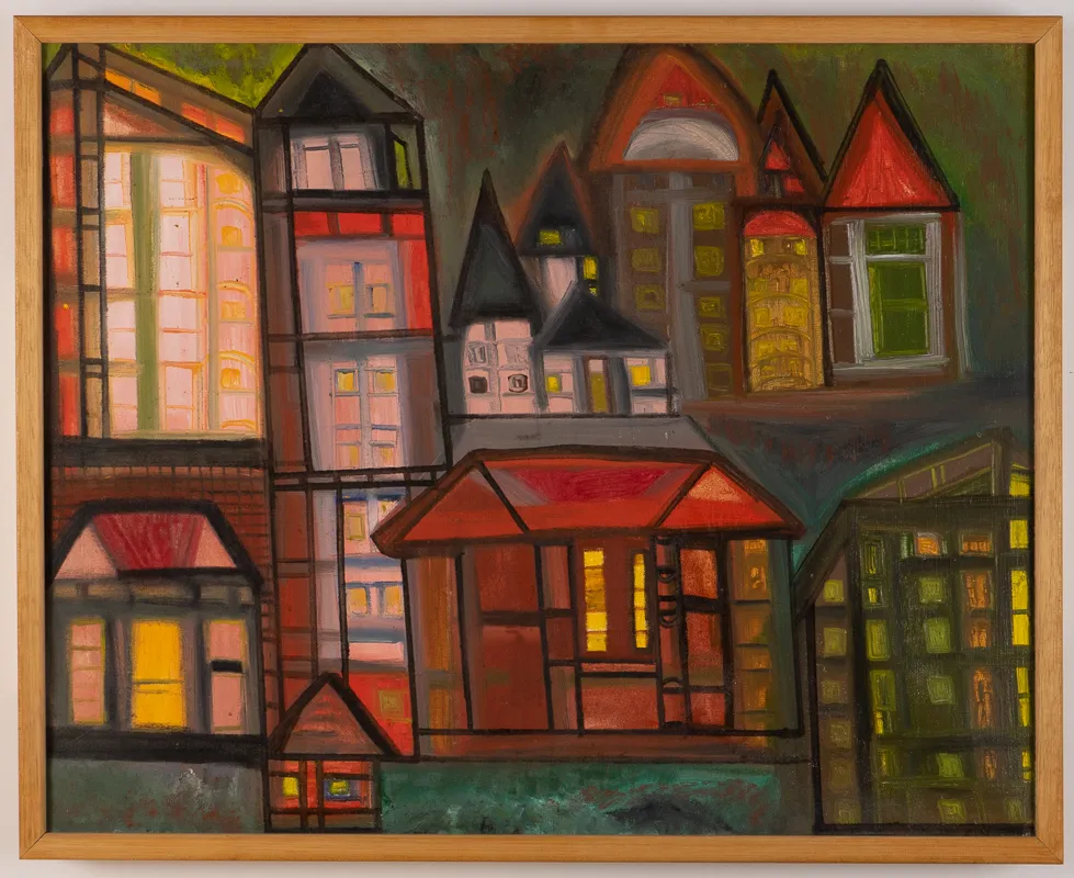 Dark coloured cityscape in oil in a naive style.