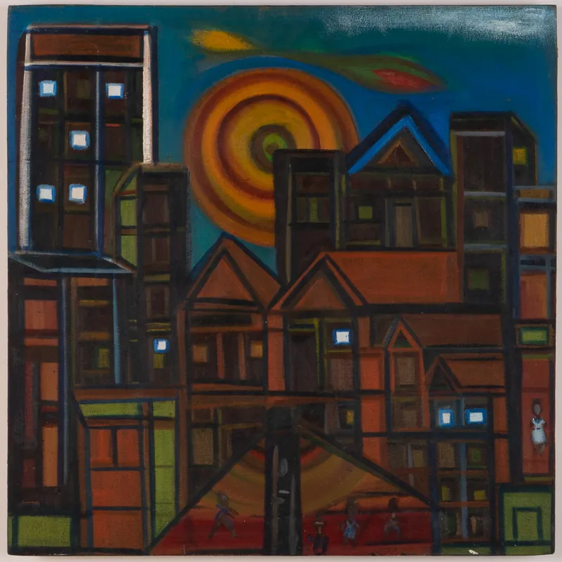 Dark coloured cityscape with some figures scattered near the bottom in oil in a naive style.