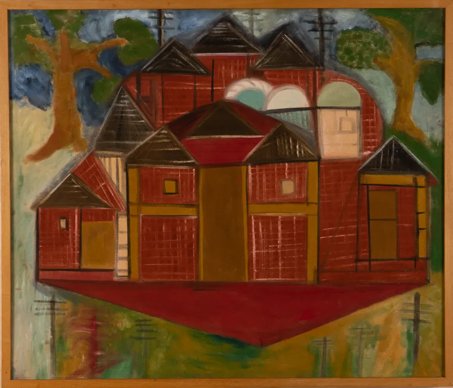 Large grouping of red buildings in acrylic in a naive style on a landscape background.