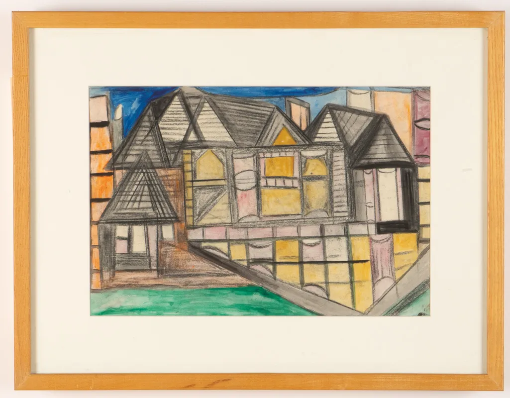 Yellow and grey waterfront cityscape in watercolour in an abstracted and naive style.