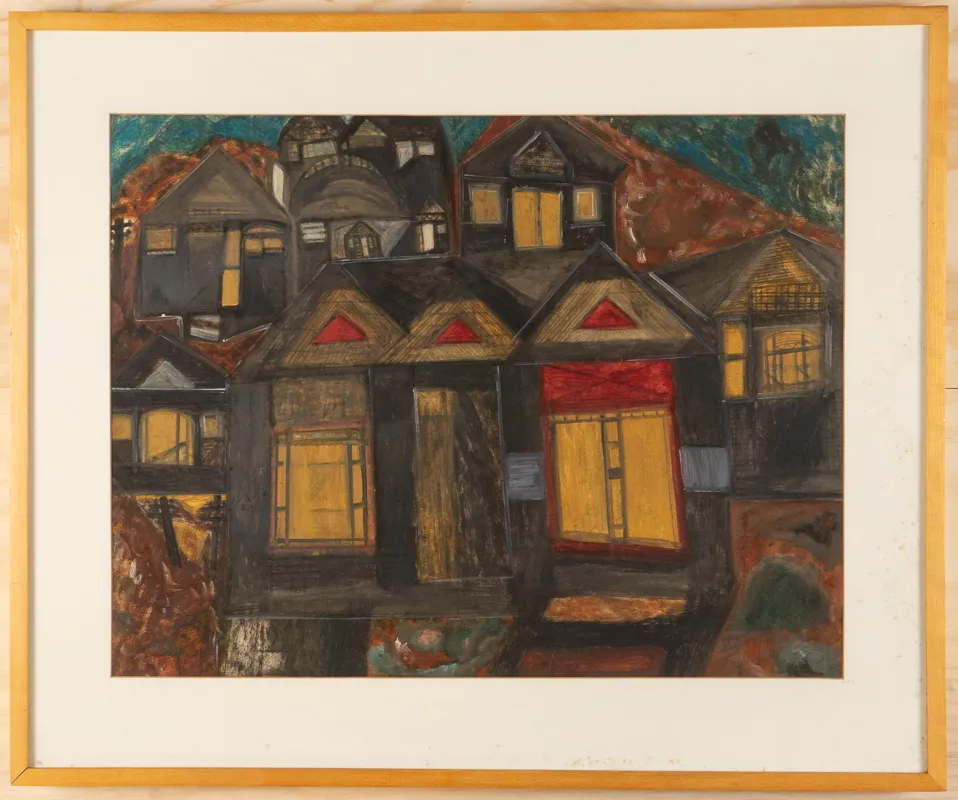Cityscape in dark colours in acrylic in a naive style on a brown and blue background.
