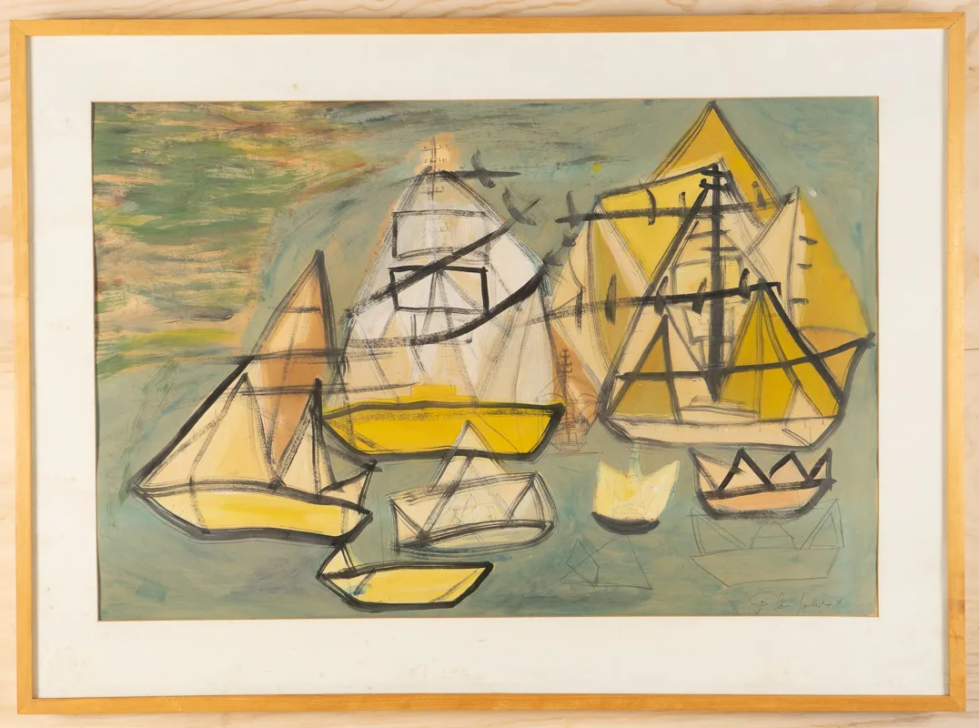 Large grouping of yellow boats on the water in watercolour in a naive style.