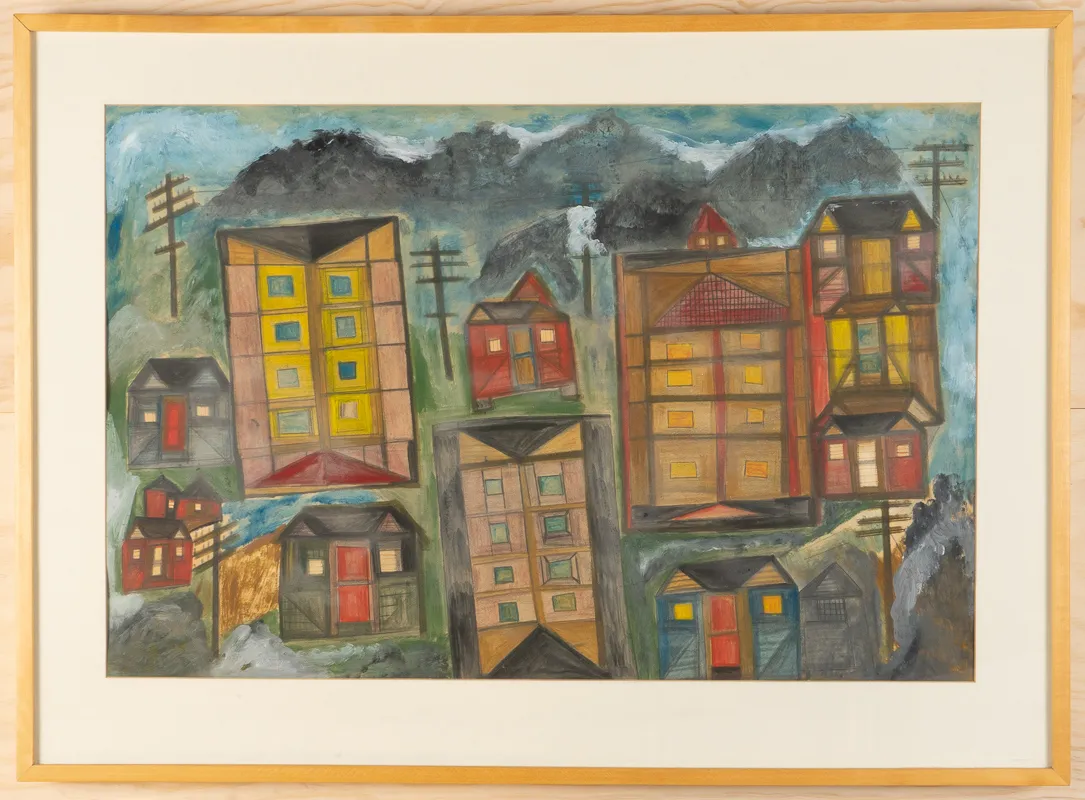 Colourful cityscape in watercolour and acrylic in a naive style on a mountain-like background.