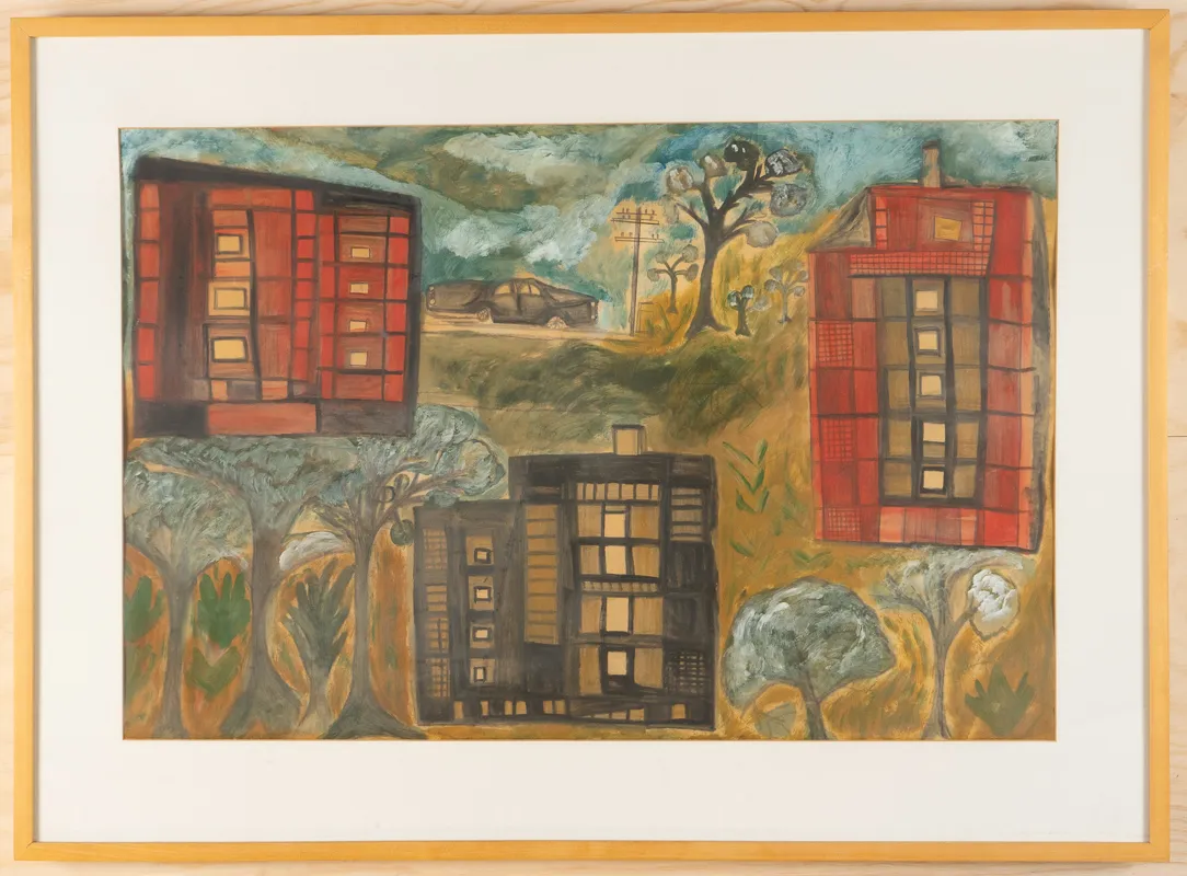 Two red buildings and one black building in watercolour and acrylic in a naive style on a park-like landscape.