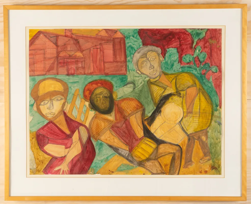 Three colourful figures in watercolour in a naive style on a multicoloured background which includes a red house.