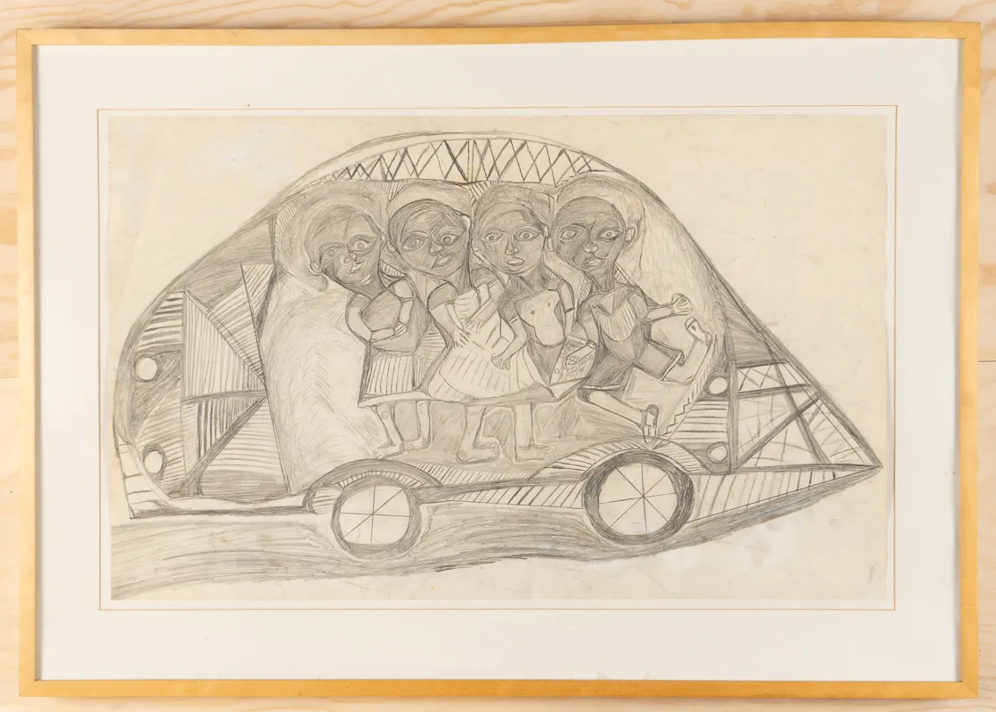 Four figures in an abstracted vehicle in pencil in a naive style on a blank background. 
