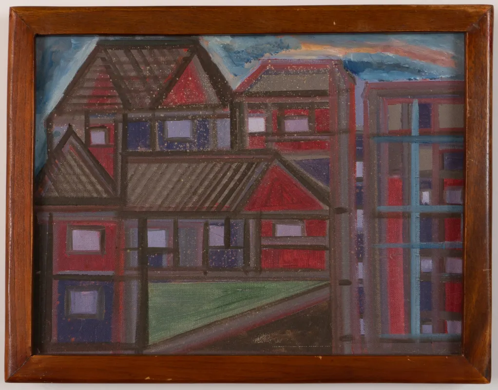 Cityscape in muted blues and reds in acrylic in a naive style. 