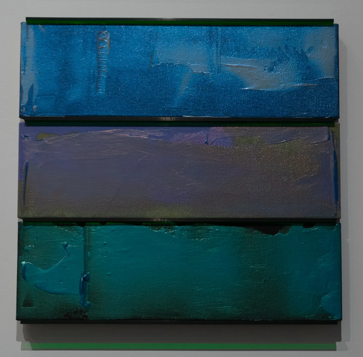 Three horizontal zones of blue treated somewhat differently. Has appearance of weathered doors or fences.
