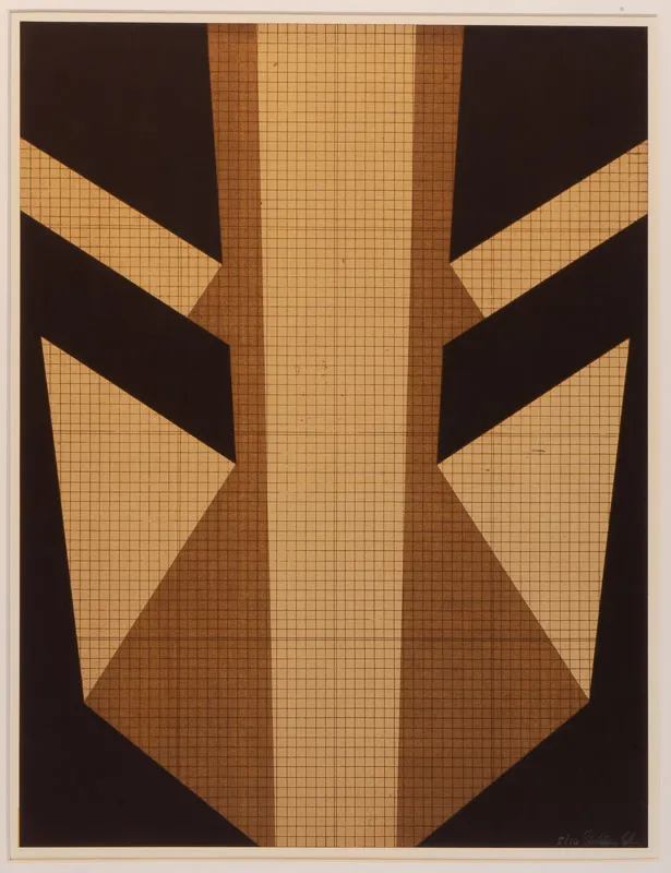 An abstract image, somewhat reminiscent of a close up of a medieval knight's helmet. In browns and yellows.