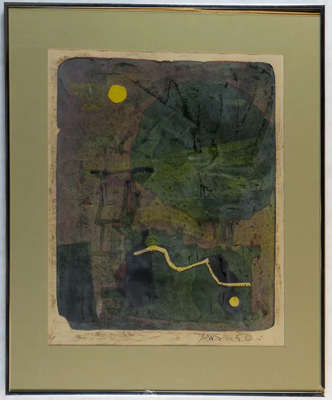 Print with various areas, one of which suggests a map. 