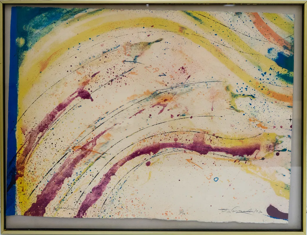 Stylized print in magenta, yellow, and blues. Lines suggest movement across the image plane.