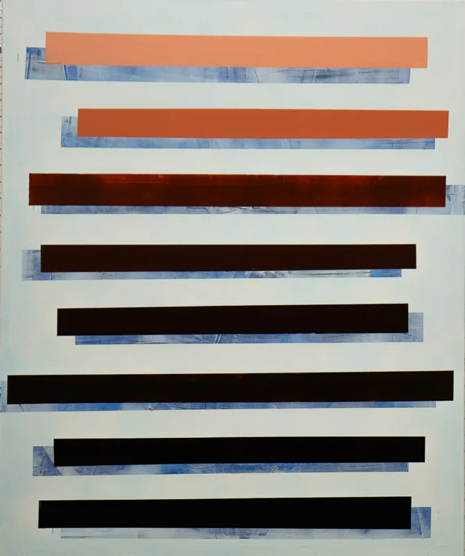 Horizontal bars in black, fading to orange at the top, with the illusion of blue painted shadows behind them.