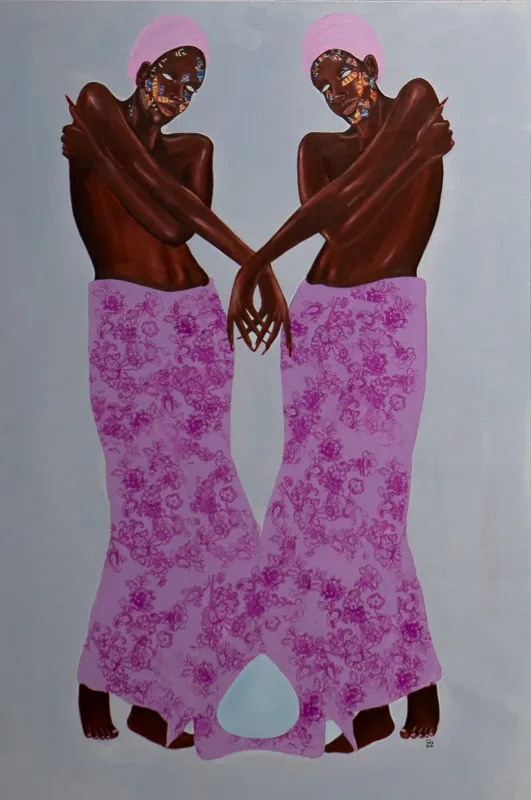 Two figures, twinned, against a grey background.