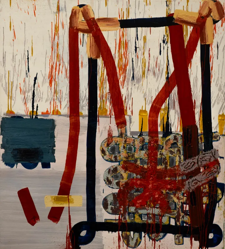 Abstract painting, with res swoopy lines (a fireplace?) and grey, yellow, nad orange trees in the background,