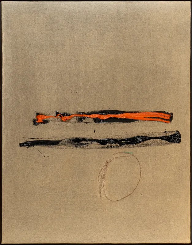 Mostly raw canvas. Two horizontal lines in black, one highlighted with red, near the middle. A roughly drawn circle in graphite to the bottom.