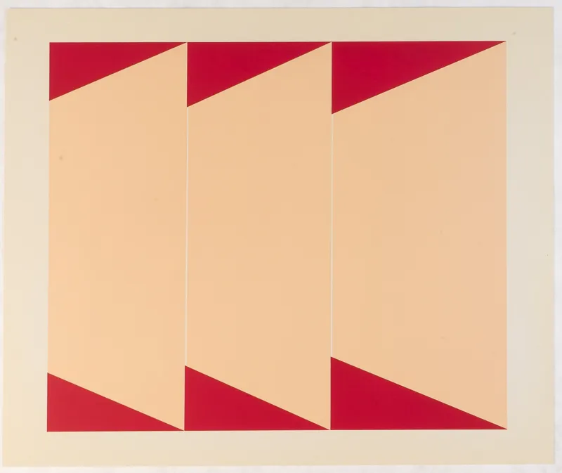 Red triangles edging the top and bottom edge leafding to the right; pink background. 