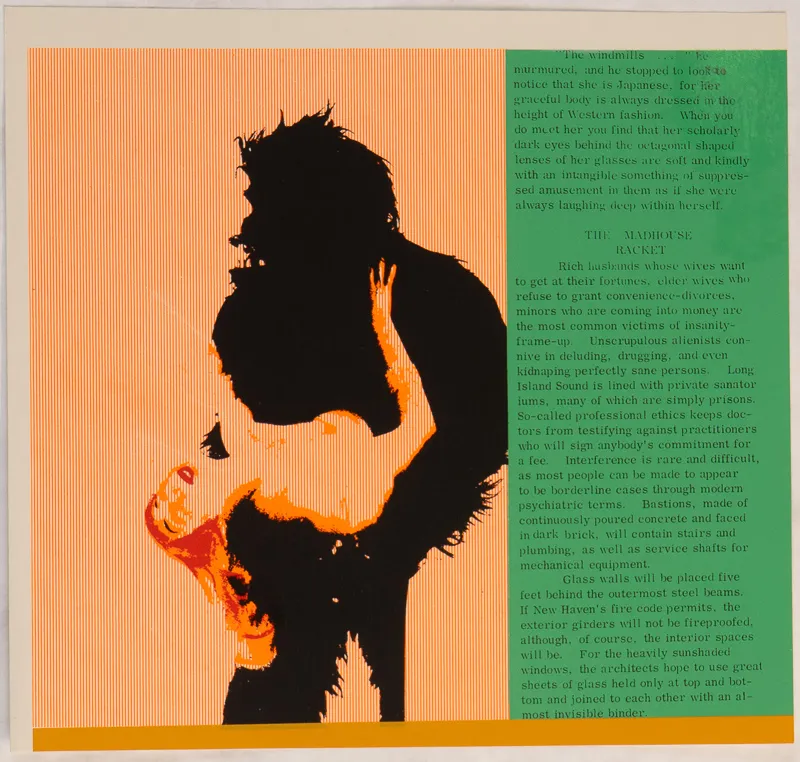 Orange screen print of a woman and gorilla with green text.
