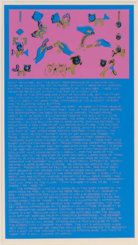 Pink and blue screen print of hands in motion and text.