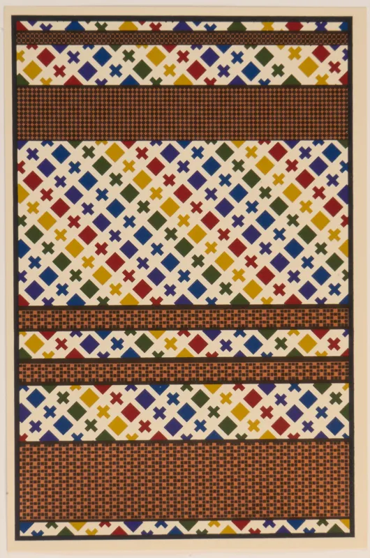 Varied geometric pattern in rainbow colours. 