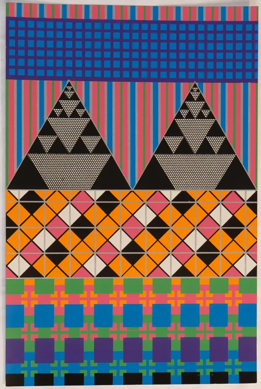 Bright geometric print with two black triangles.