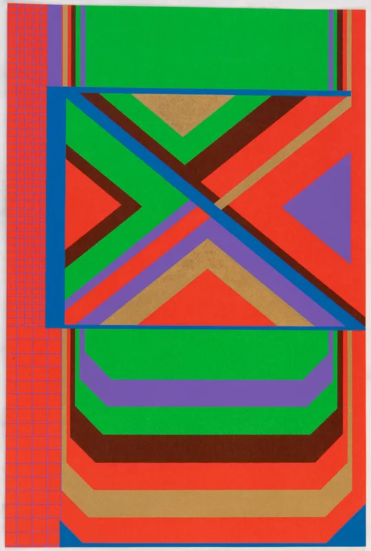 Colourful geometric x pattern on grid background. 