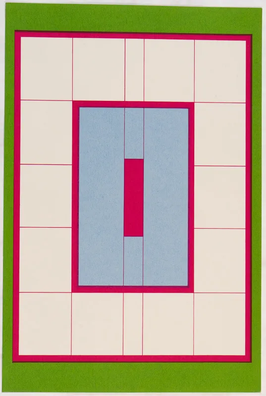 Pink rectangles with blue and green detail. 
