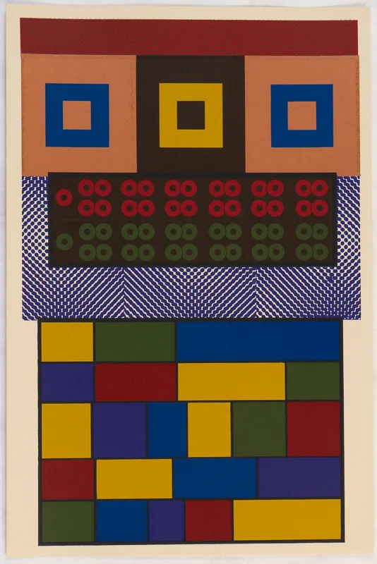 Yellow and blue squares, green and red circles. 