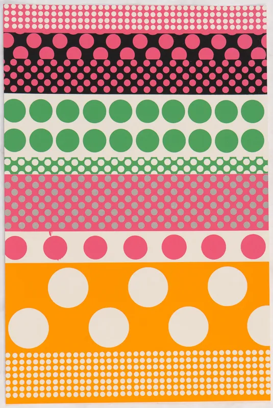 Pink, orange, and green polka dots. 