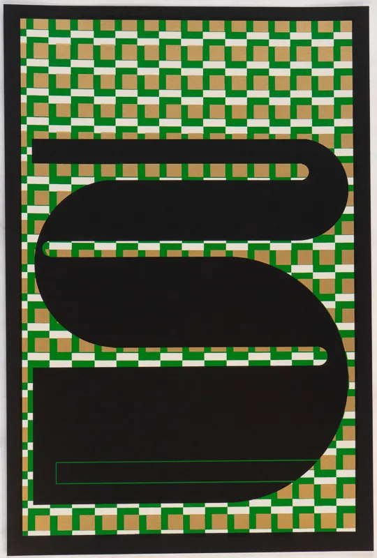 Black graphic design on abstract green and gold pattern.