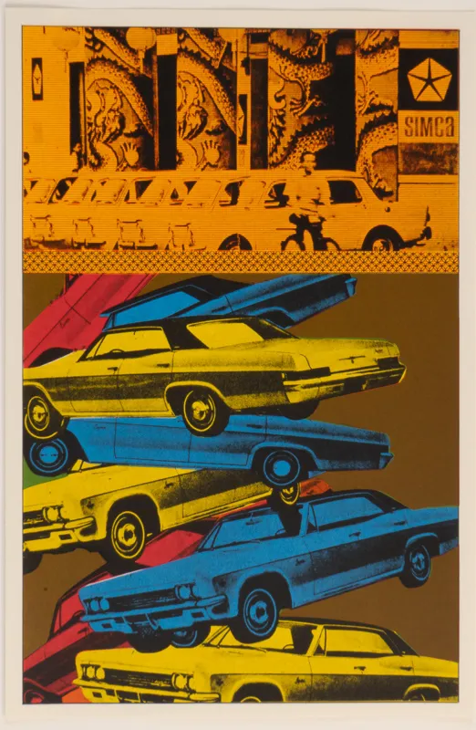 Graphic image of colourful cars in a pile.  