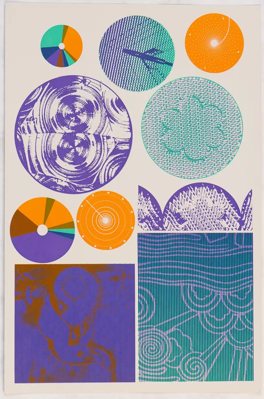 Orange, purple, and teal circular design. 
