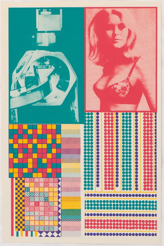 Woman in bra with image of bottle and abstract design. 