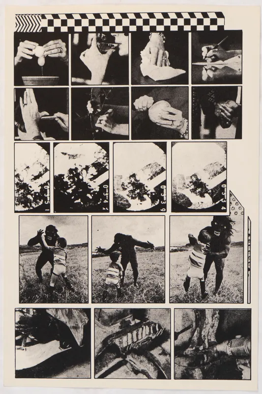 Sequence of hands in motion and young child with costumed figure. 