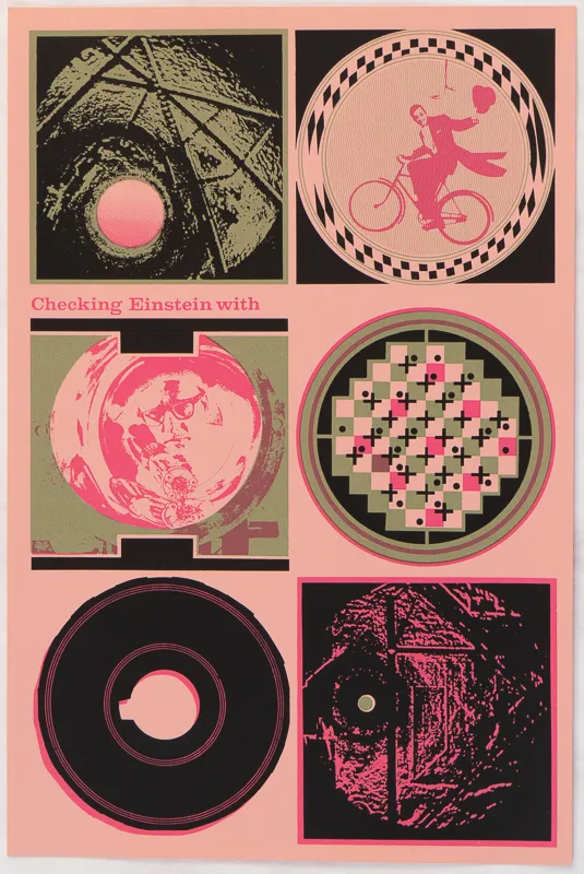 Pink and black image with circles and squares and figure on bicycle. 