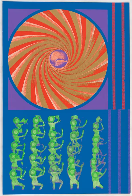 Red and gold spiral on blue background with green pattern.