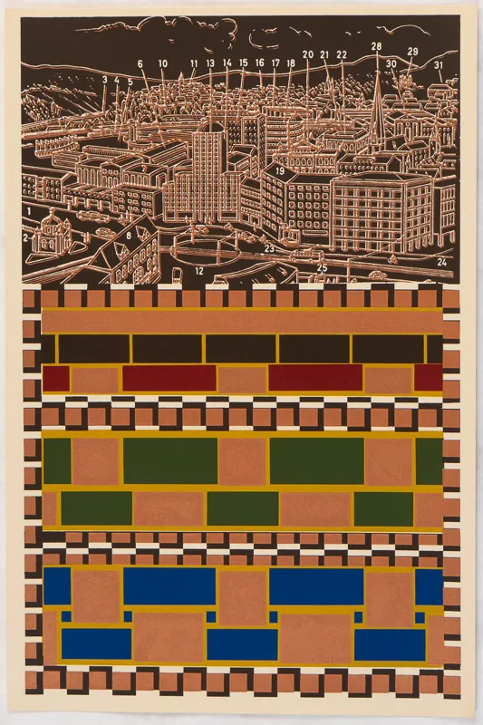 Brown cityscape above graphic pattern of squares and rectangles. 