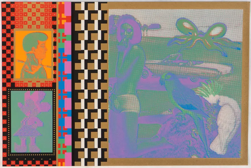 Woman and birds, mickey mouse, graphic pattern. 