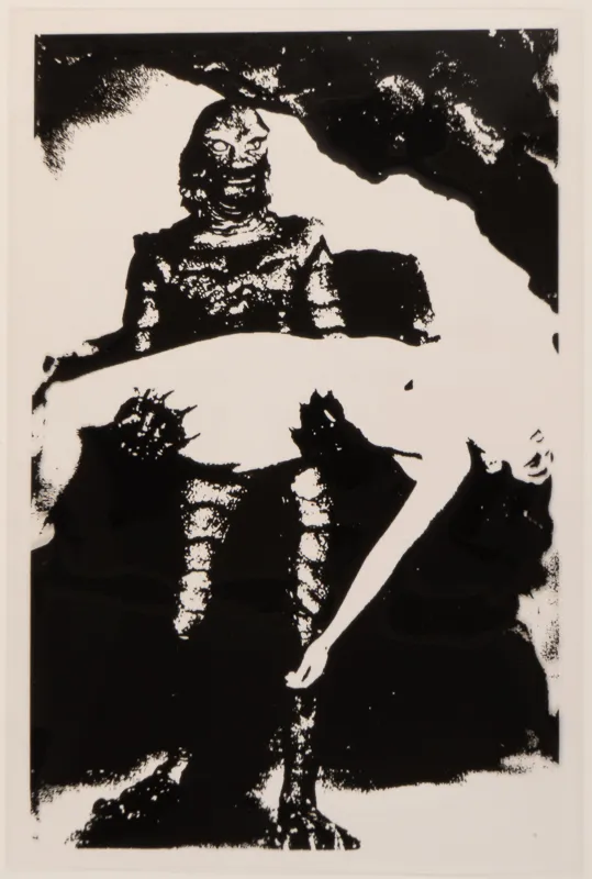 Woman being held by Godzilla, screen print on acetate. 