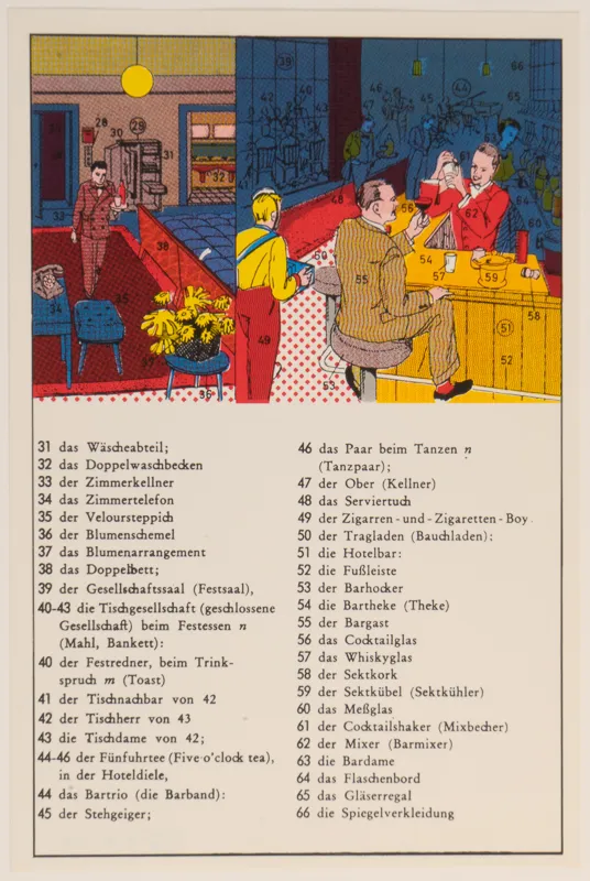 Illustration of figures at a bar with text underneath. 
