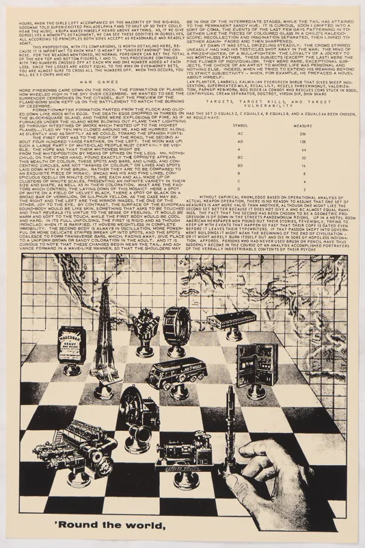 Objects on a chessboard below text. 