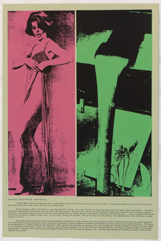 Woman adjusting her garment and abstract image, pink and green. 