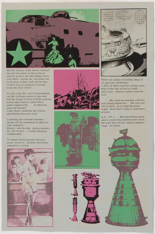 Collage of pink and green imagery and text. 