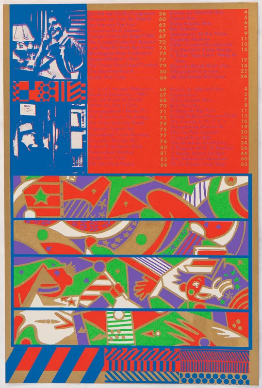 Purple, green, and red design below image of a phone call and text. 