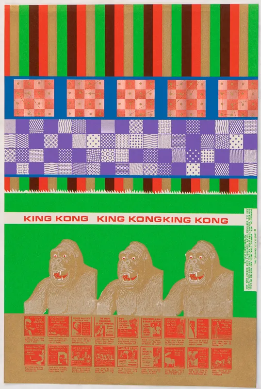two horizontal bands with different sized and patterned squares, over top vertical stripes. The second half of piece features text and images, including three iterations of King Kong.